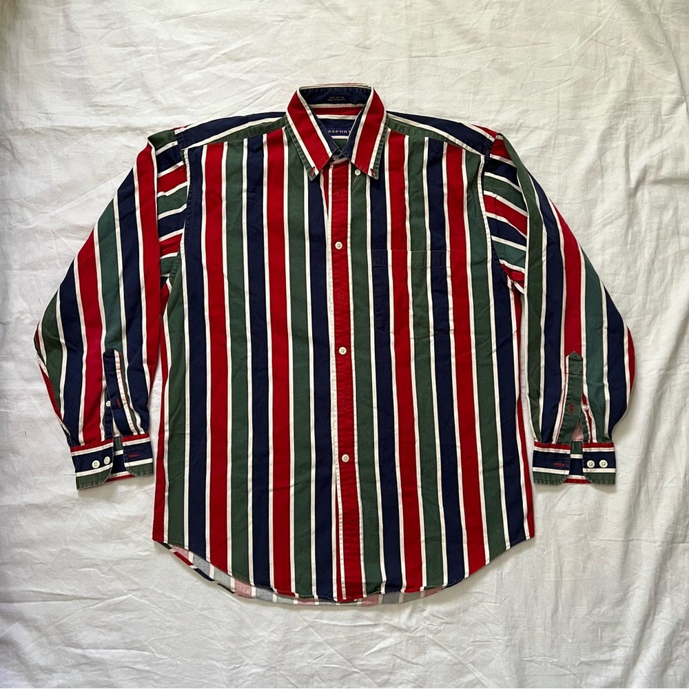 Red and Green Casual Button Down Shirt with Stripes